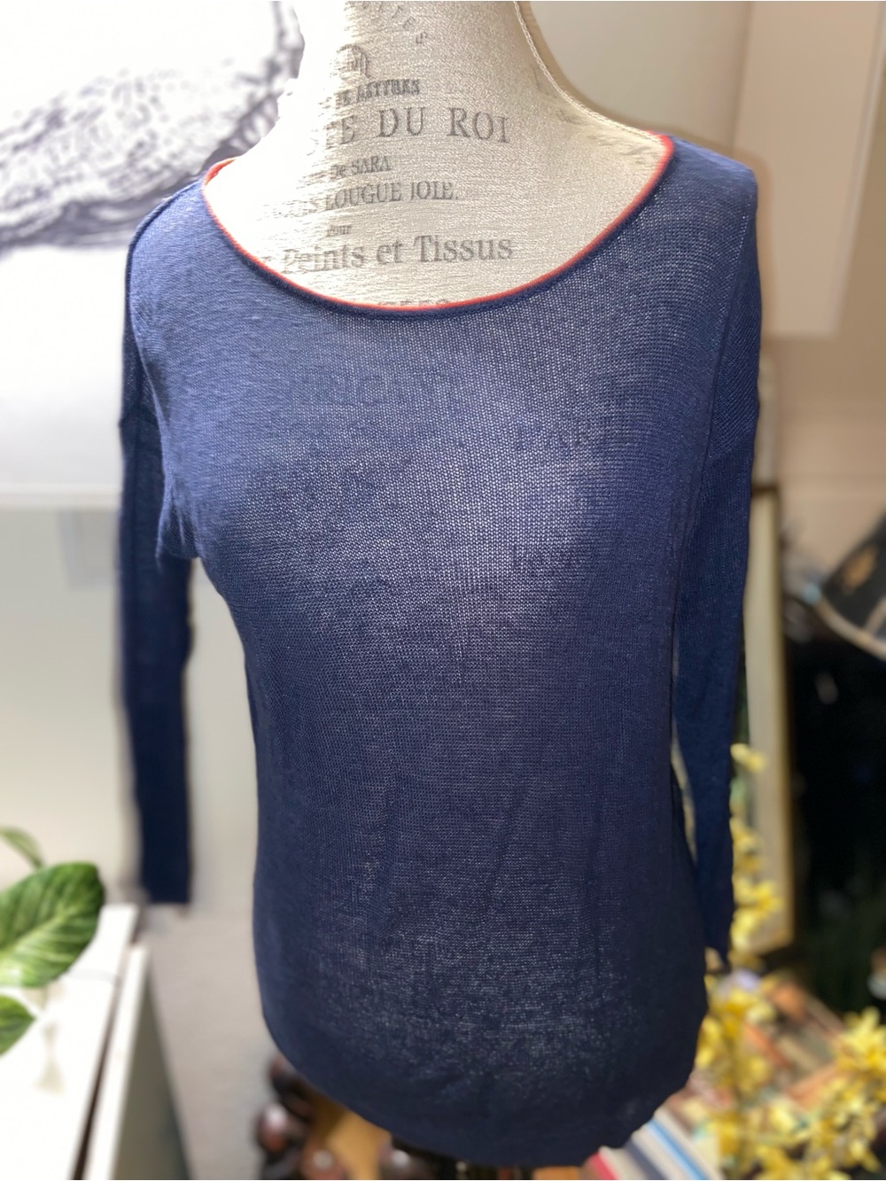 De Ka Fressange Paris Women's Navy Long-Sleeve Knit Top with red Trim